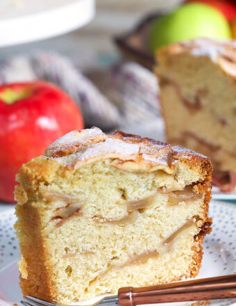 Close up of a slice of apple cake.