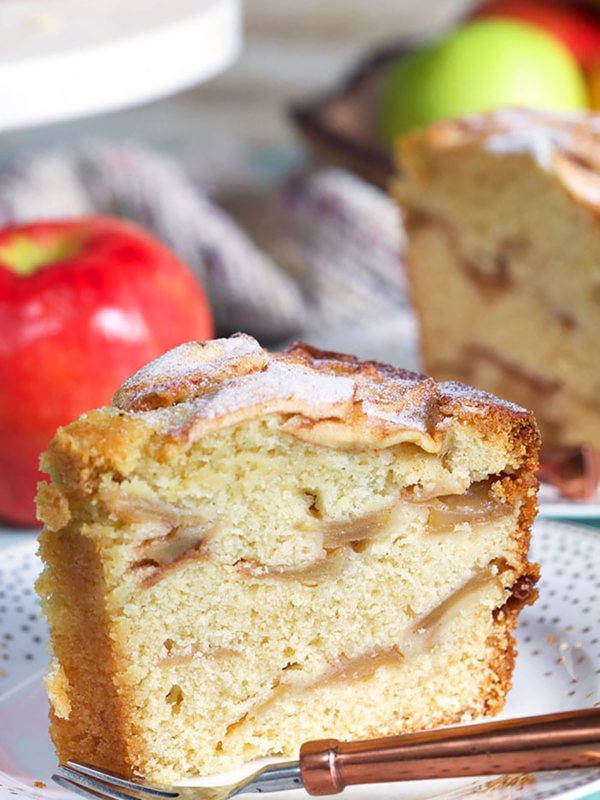 Close up of a slice of apple cake.