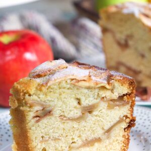 Close up of a slice of apple cake.