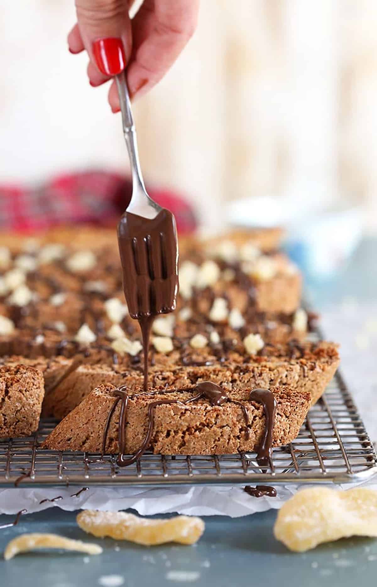 Gingerbread Biscotti with chocolate drizzled on top with a fork.