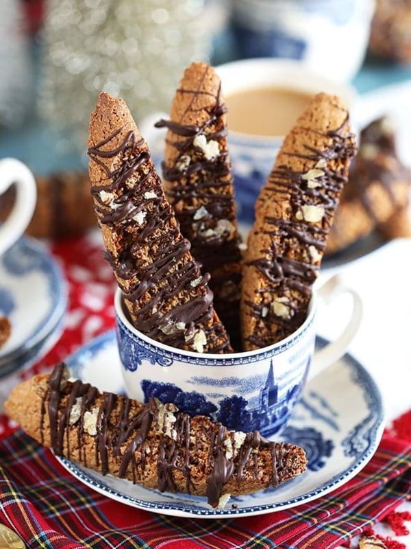 Gingerbread Biscotti in a blue and white mug.