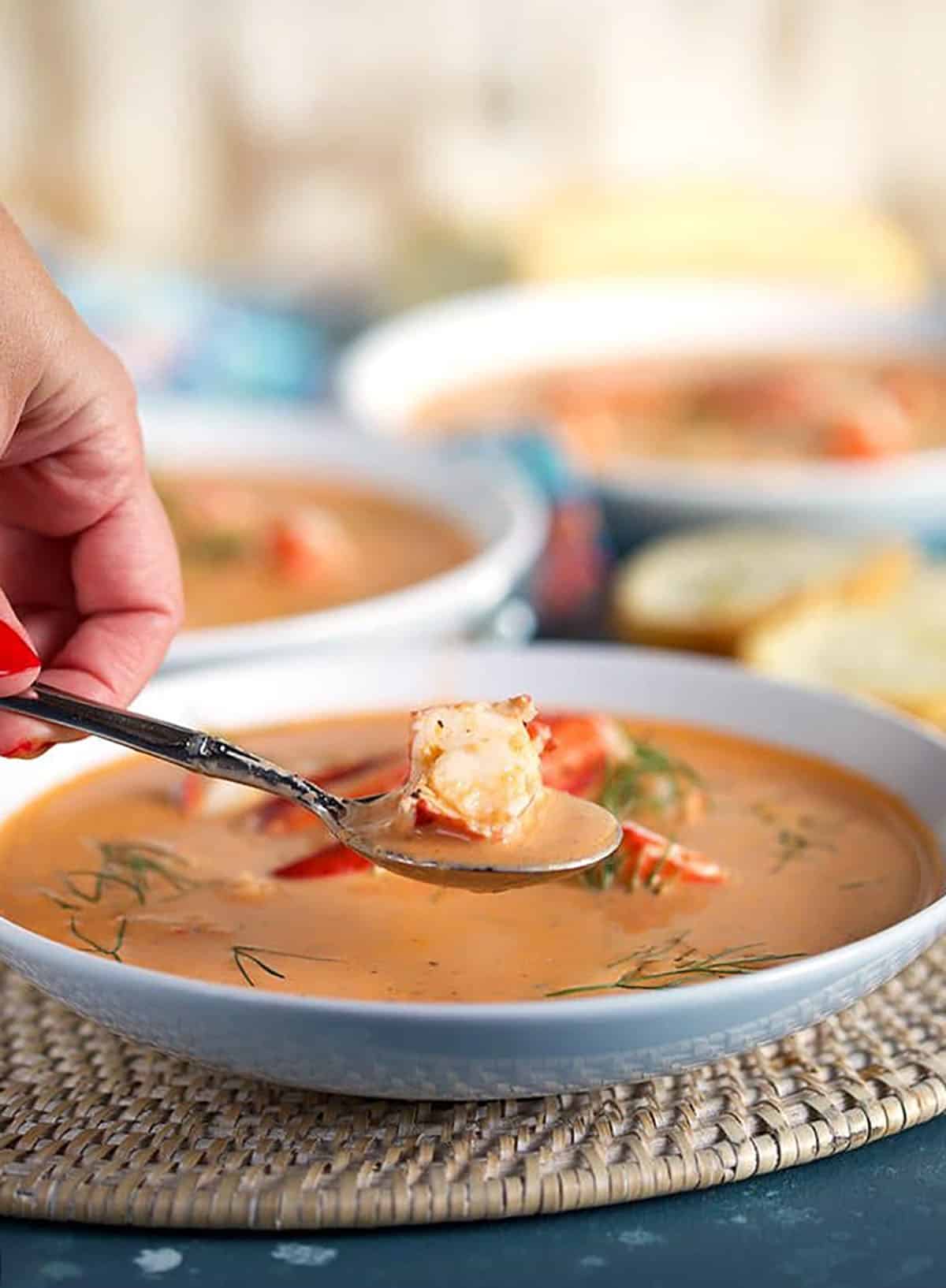 Lobster Bisque in a white shallow bowl with a spoonful of lobster above it.