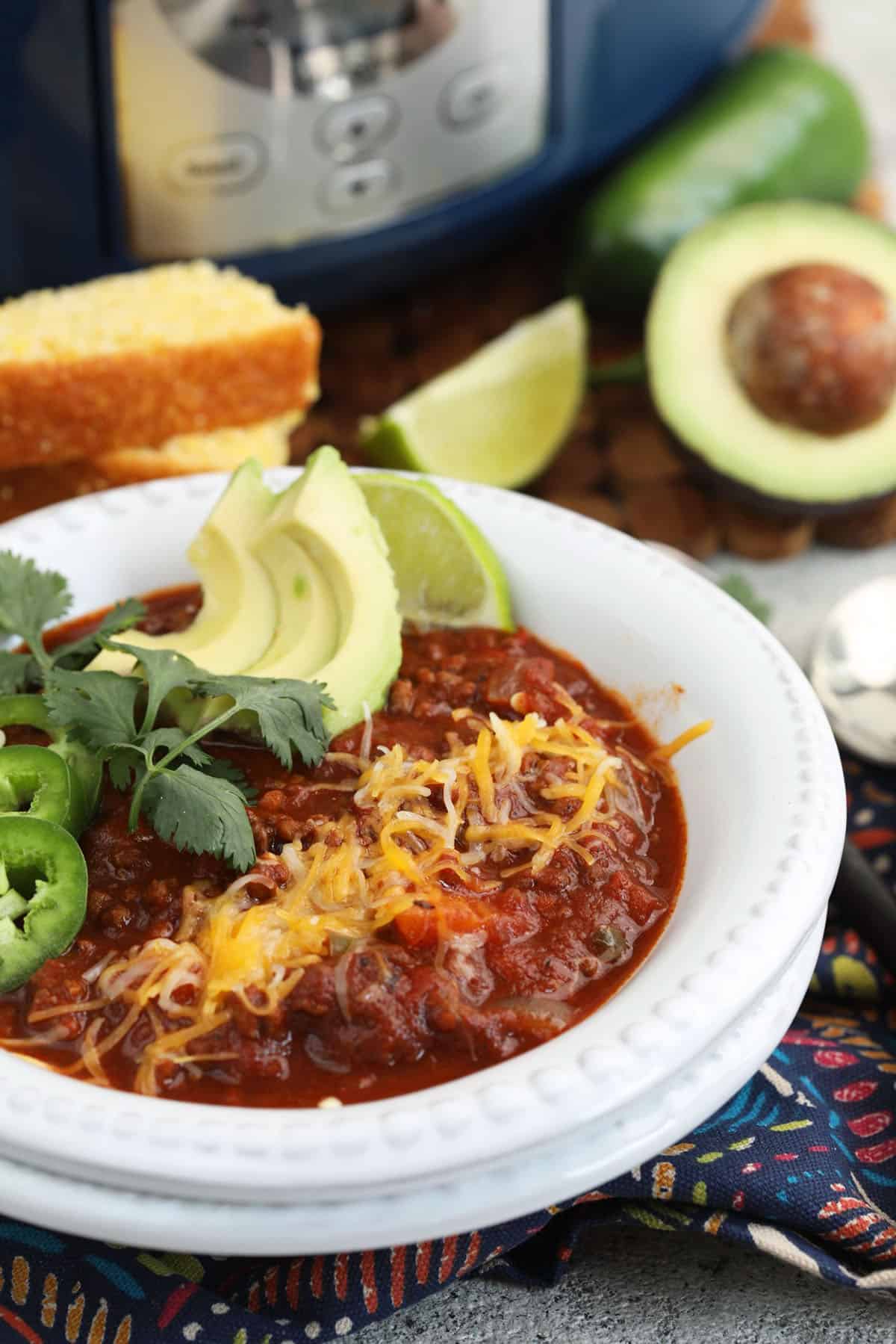 Best chili recipe in bow, topped with cheese