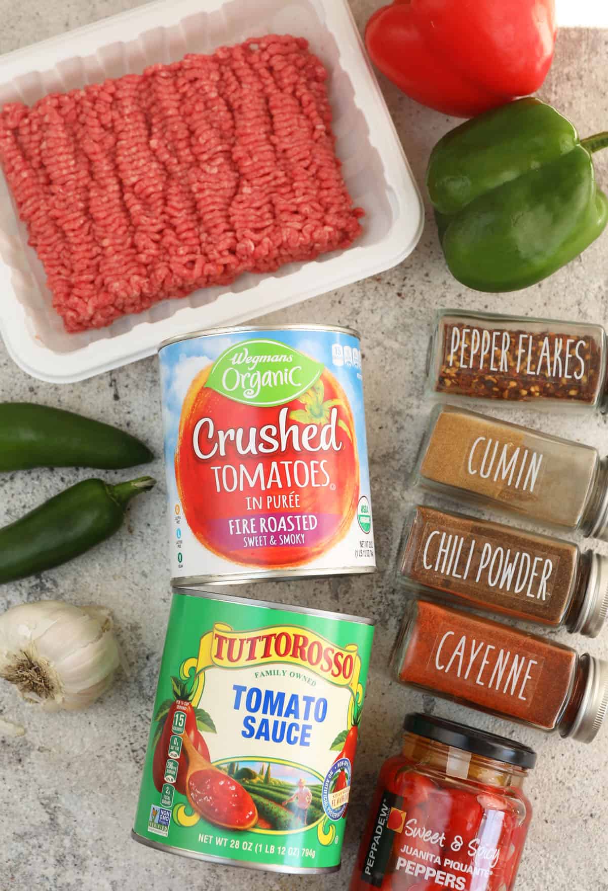 Overhead view of ingredients for best chili recipe