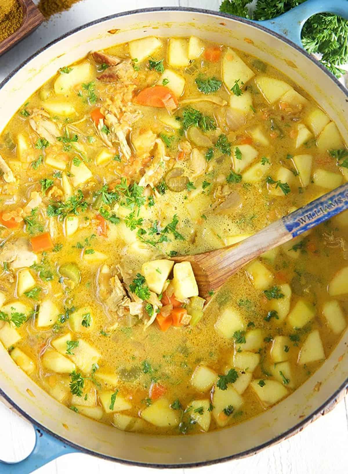 A close up shot shows the ingredients of mulligatawny soup in a large pot. 