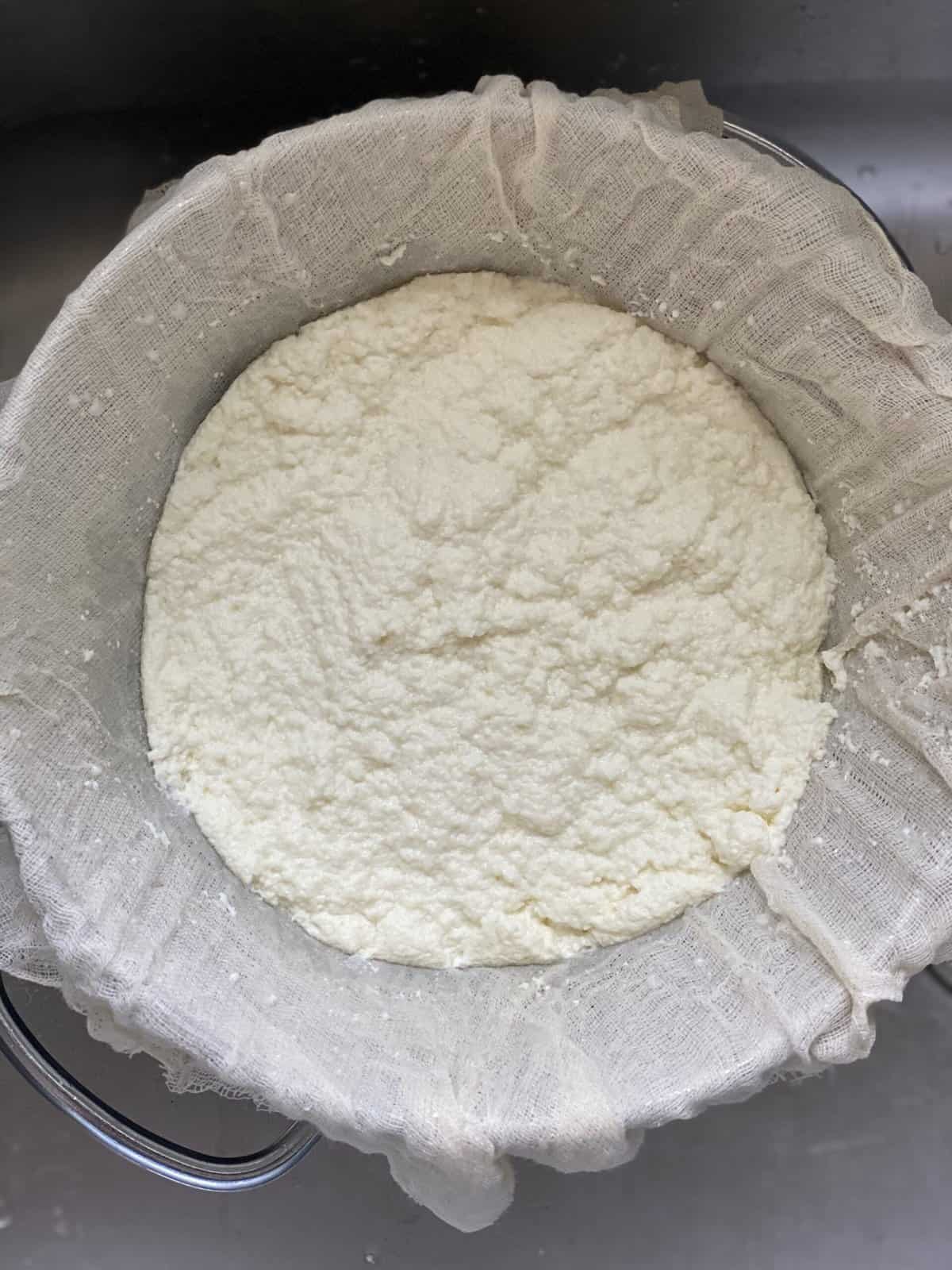 Homemade ricotta cheese sits on top of a cheesecloth.