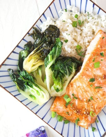 A piece of cooked salmon is presented on a plate, next to bok choy and white rice.