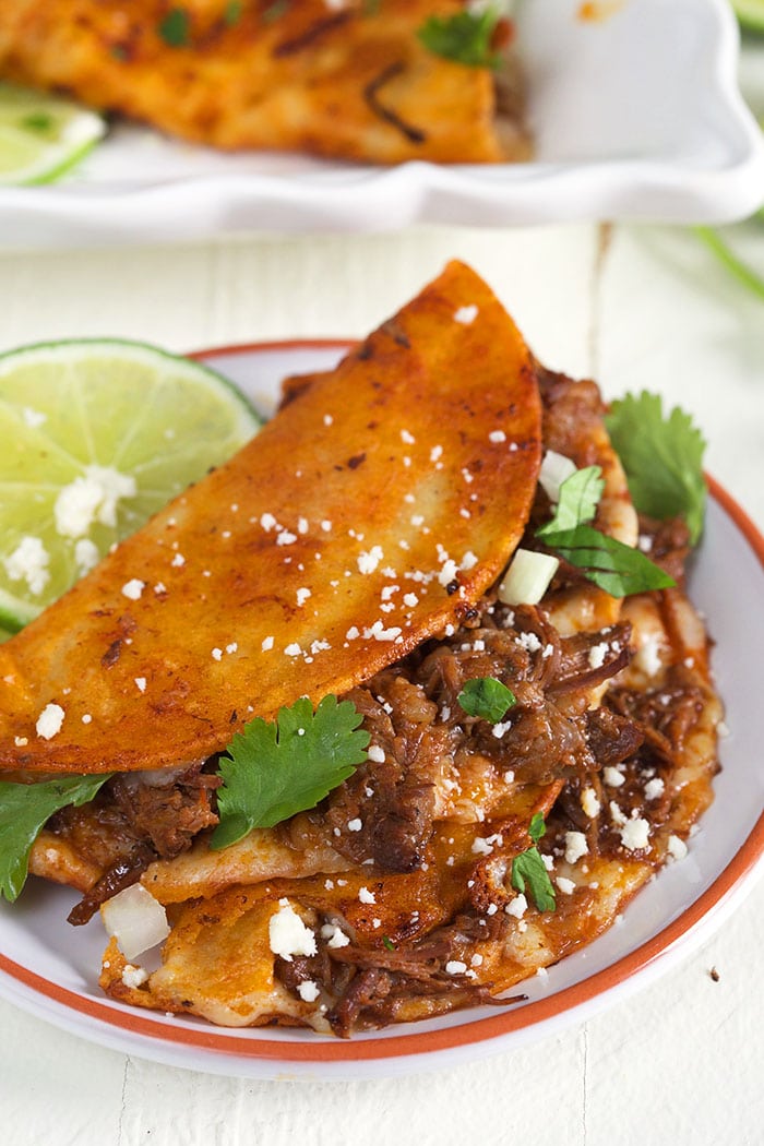 Two birria tacos are placed on a white plate with a slice of fresh lime on the side.
