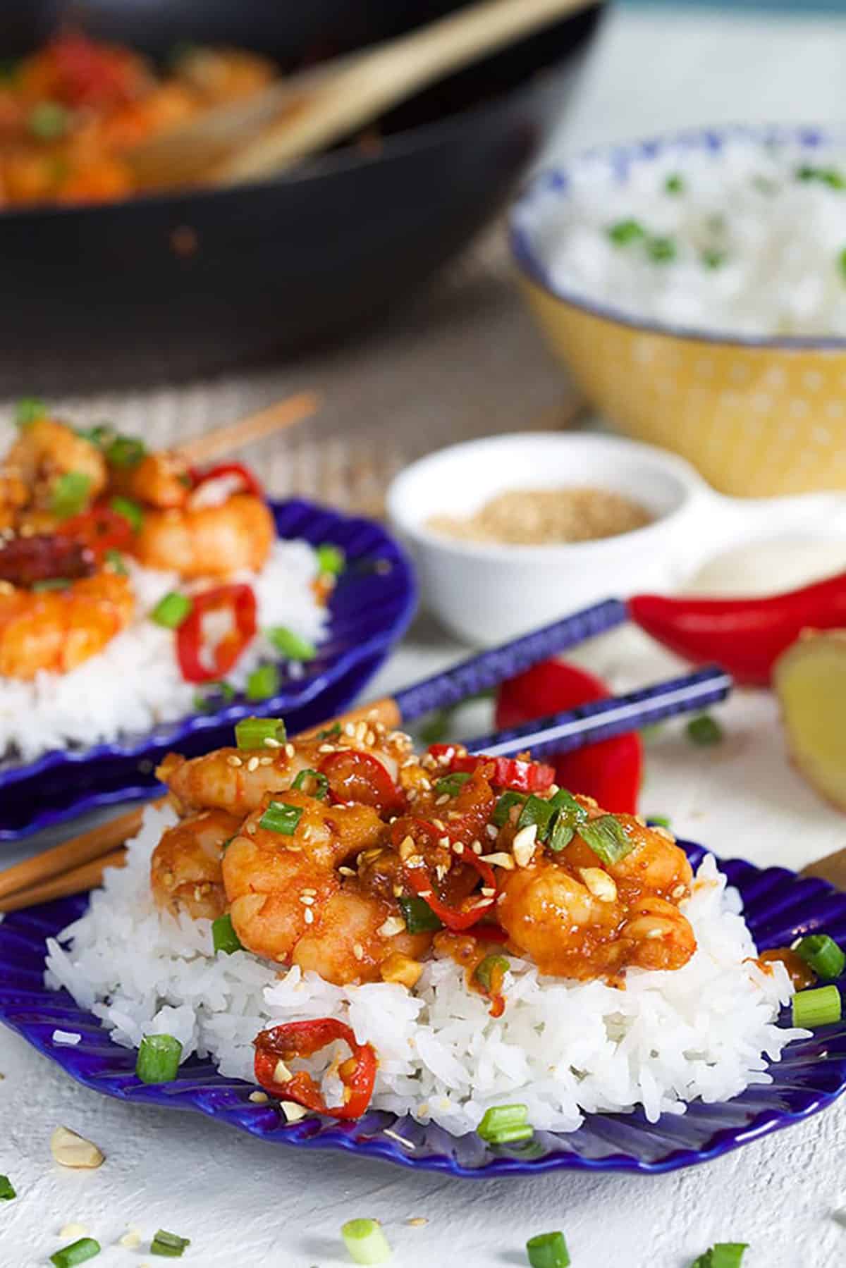 Two plates of rice and shrimp are presented on a table.