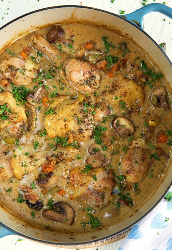 Chicken fricassee is in a large dutch oven.