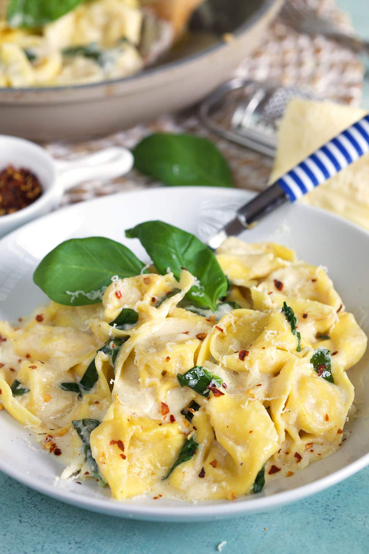 A plate of tortellini in sauce us garnished with fresh basil. 