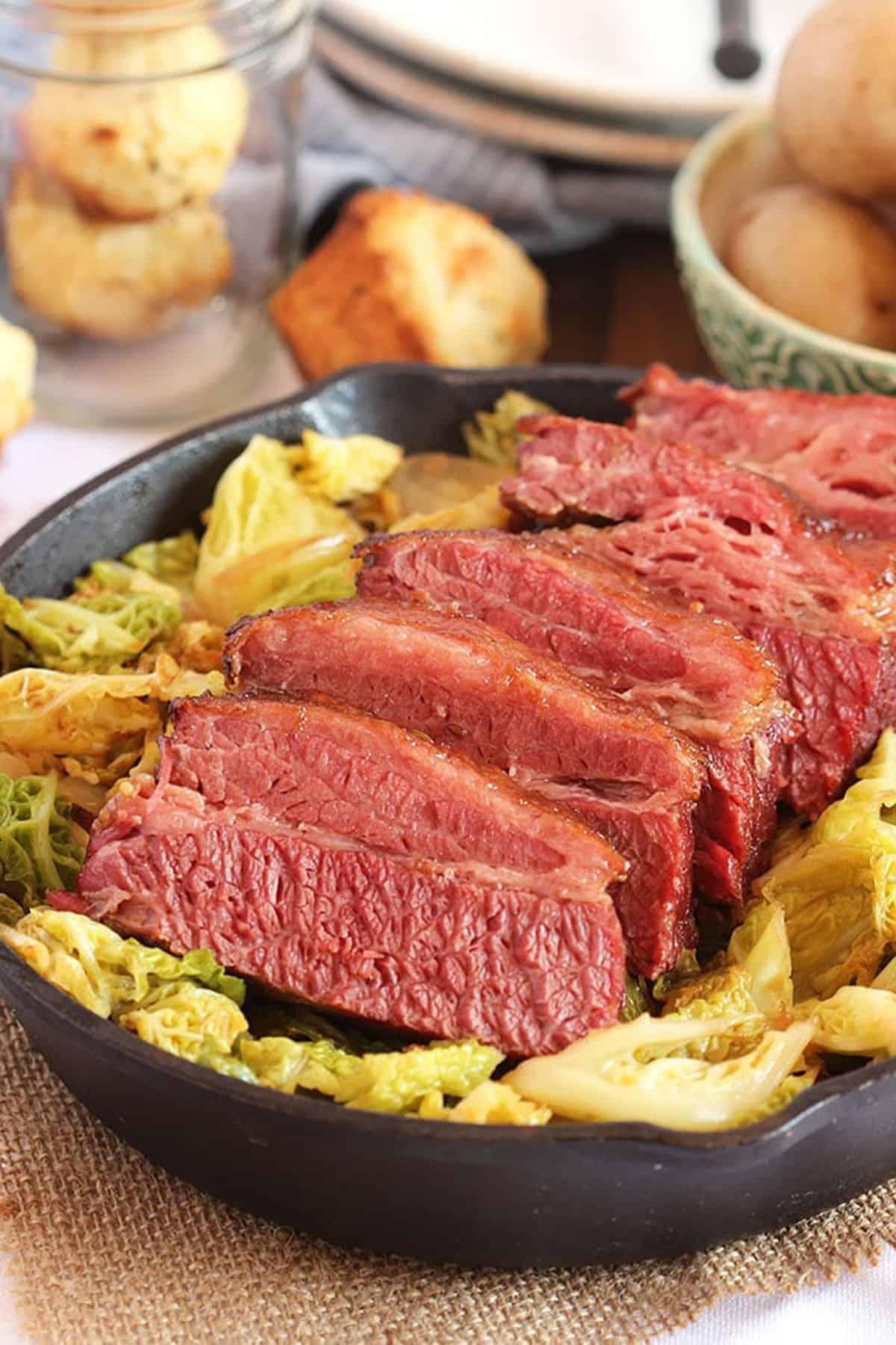 Corned Beef and Cabbage in a cast iron skillet