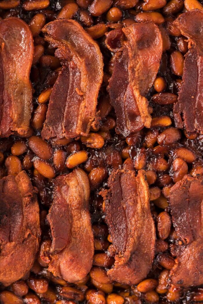 BBQ Baked Beans with bacon on top
