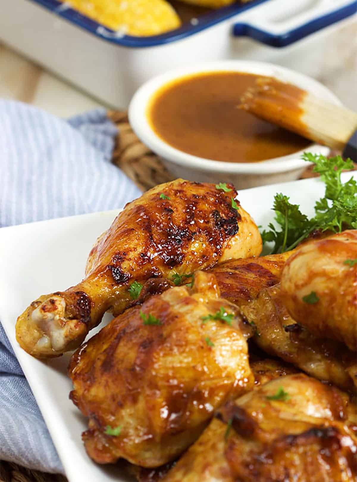 bbq chicken on a platter made with Carolina Gold mustard sauce
