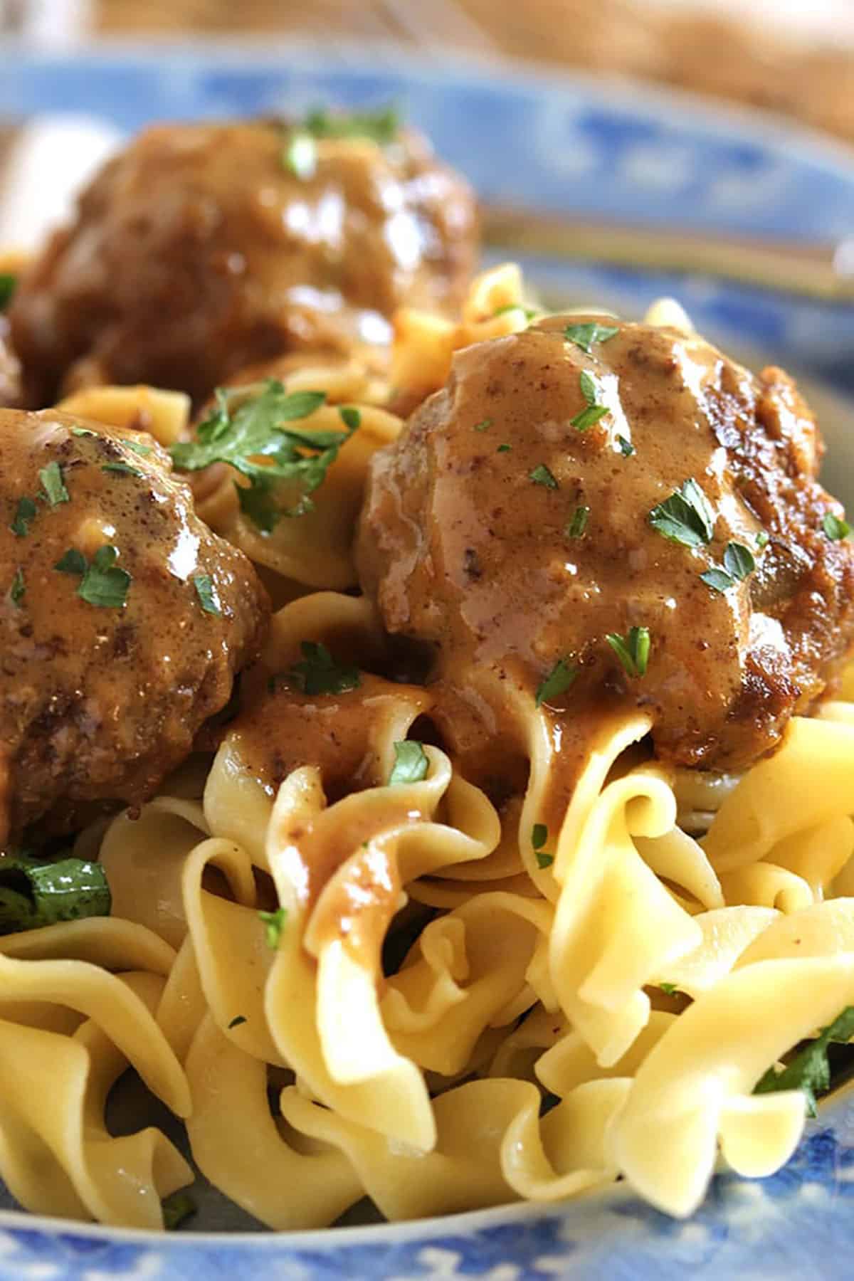 close up of Swedish Meatballs with gravy on egg noodles.