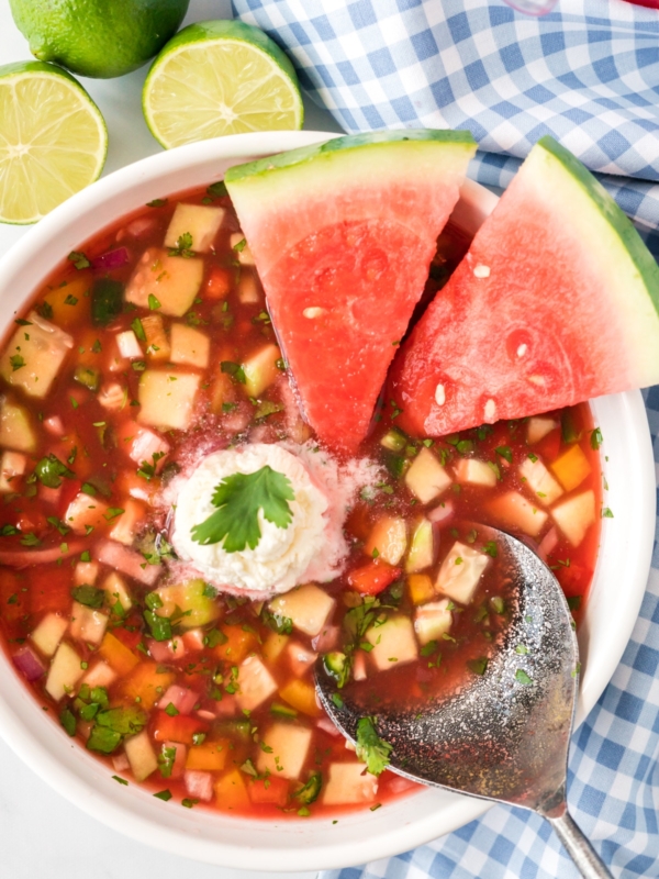 overhead shot of watermelon gazpacho with a spoon and two watermelon wedges