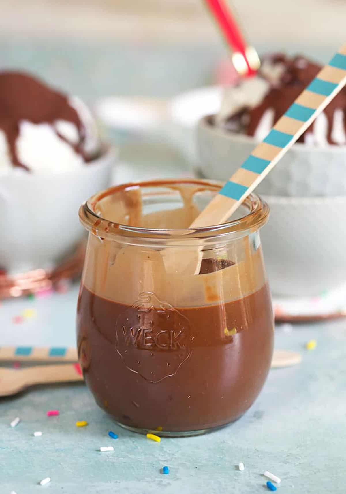 CHOCOLATE MAGIC SHELL IN A GLASS JAR.