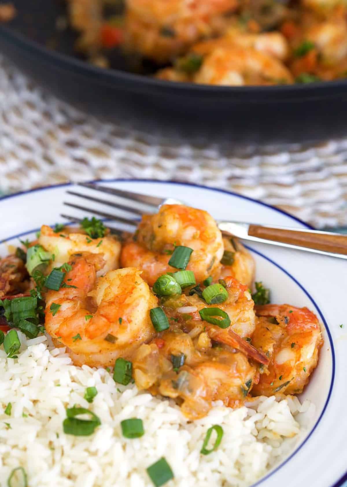 Shrimp etouffee in a white bowl with rice and a fork.