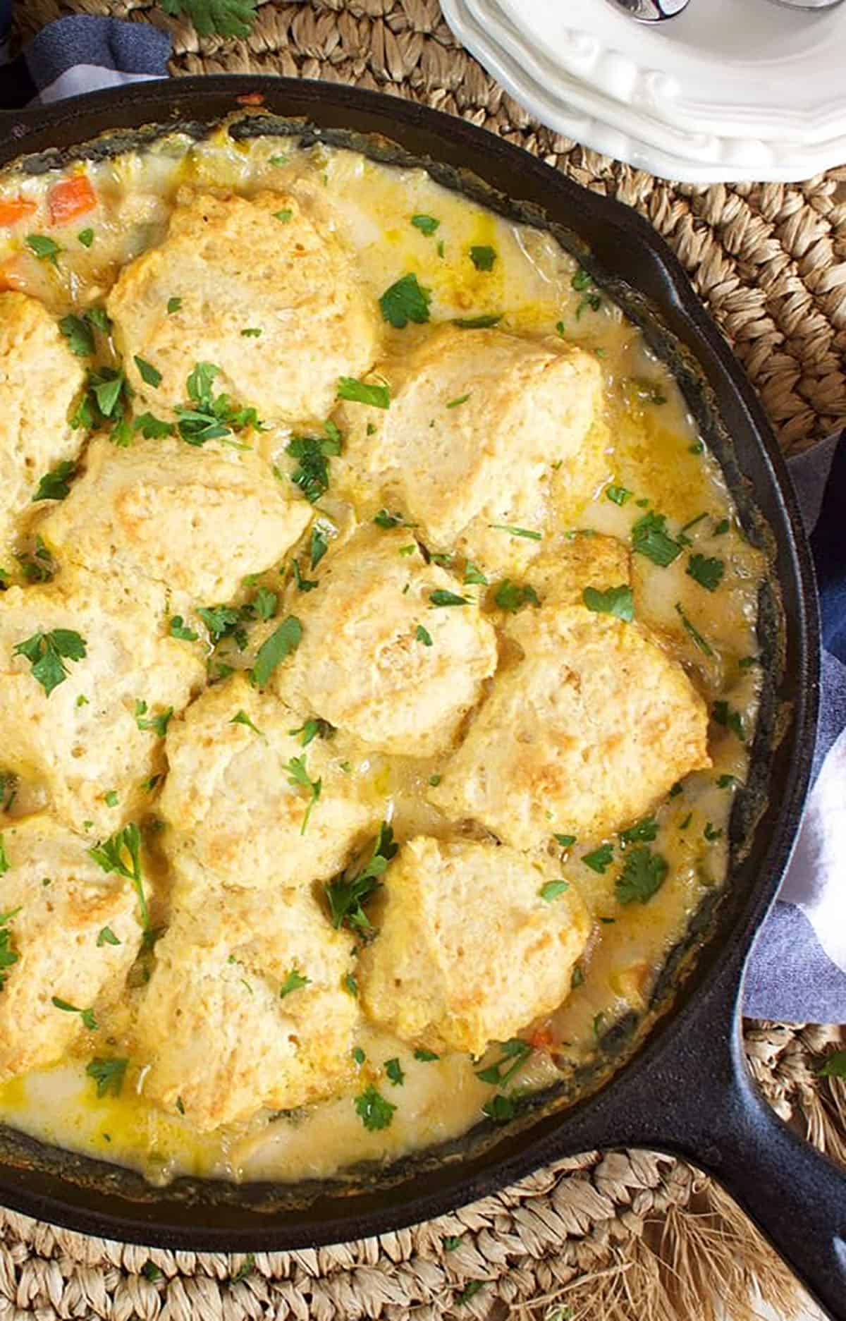 Chicken and Dumplings in a cast iron skillet on a wicker placemat