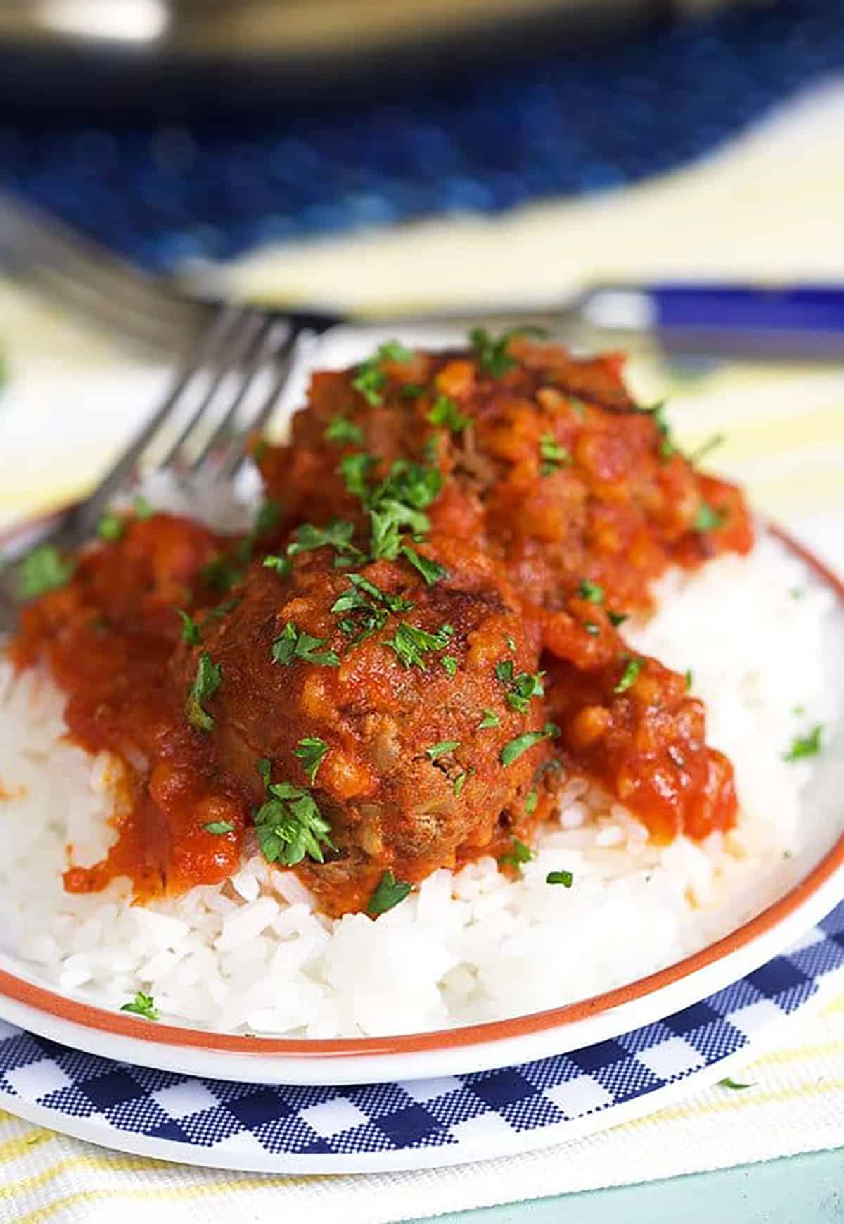 Close up of porcupine meatballs on white rice.