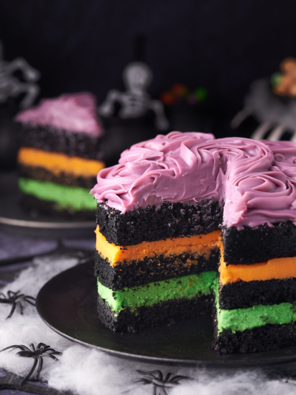 A slice of cake is missing from the whole cake.