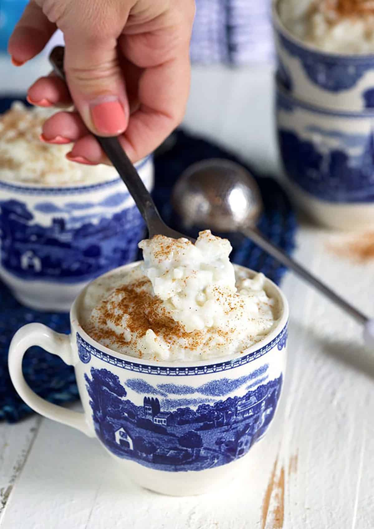 rice pudding in a blue and white mug with a spoon digging into it.