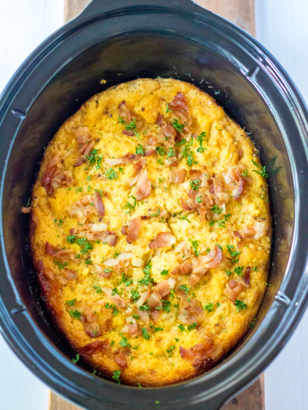 Cornbread is in a slow cooker and is fully cooked.