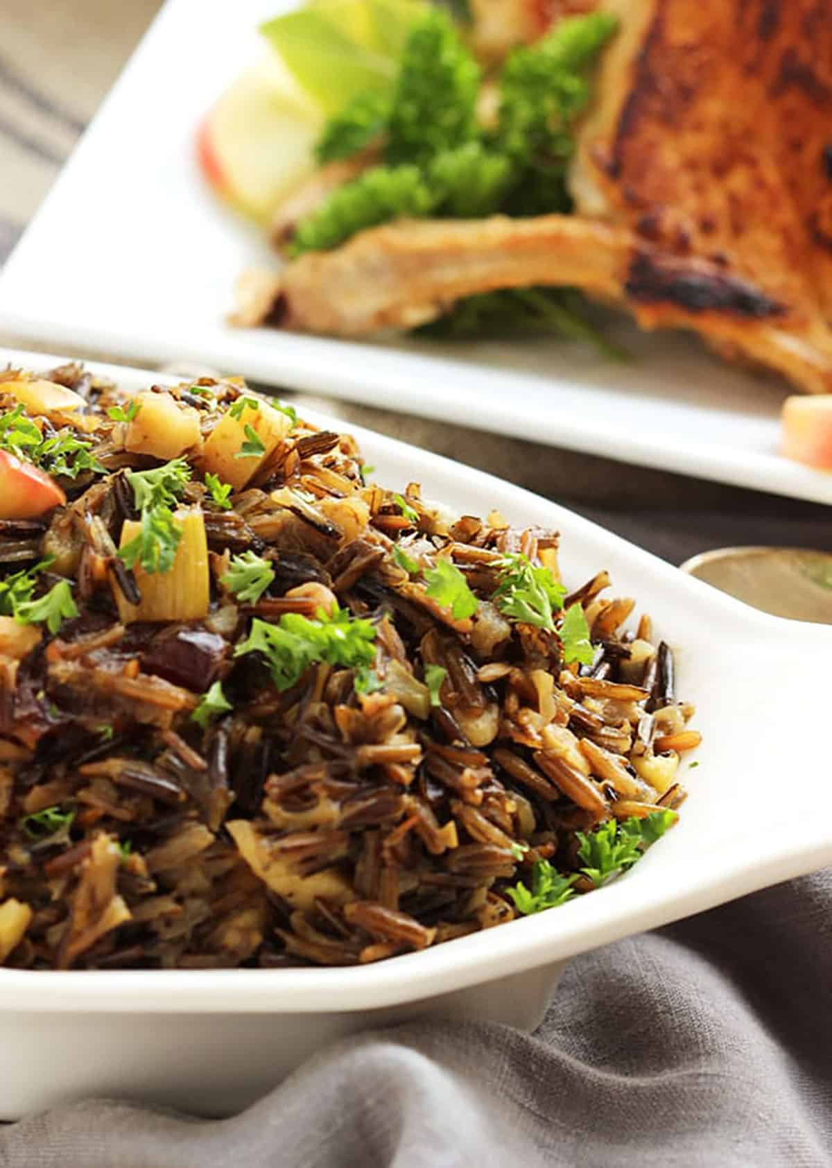 Serving bowl with wild rice stuffing.
