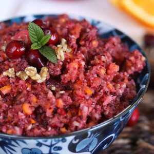 Cranberry Relish in a blue and white bowl.