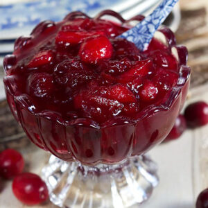 Cranberry sauce in a glass dessert bowl with a blue and white spoon.