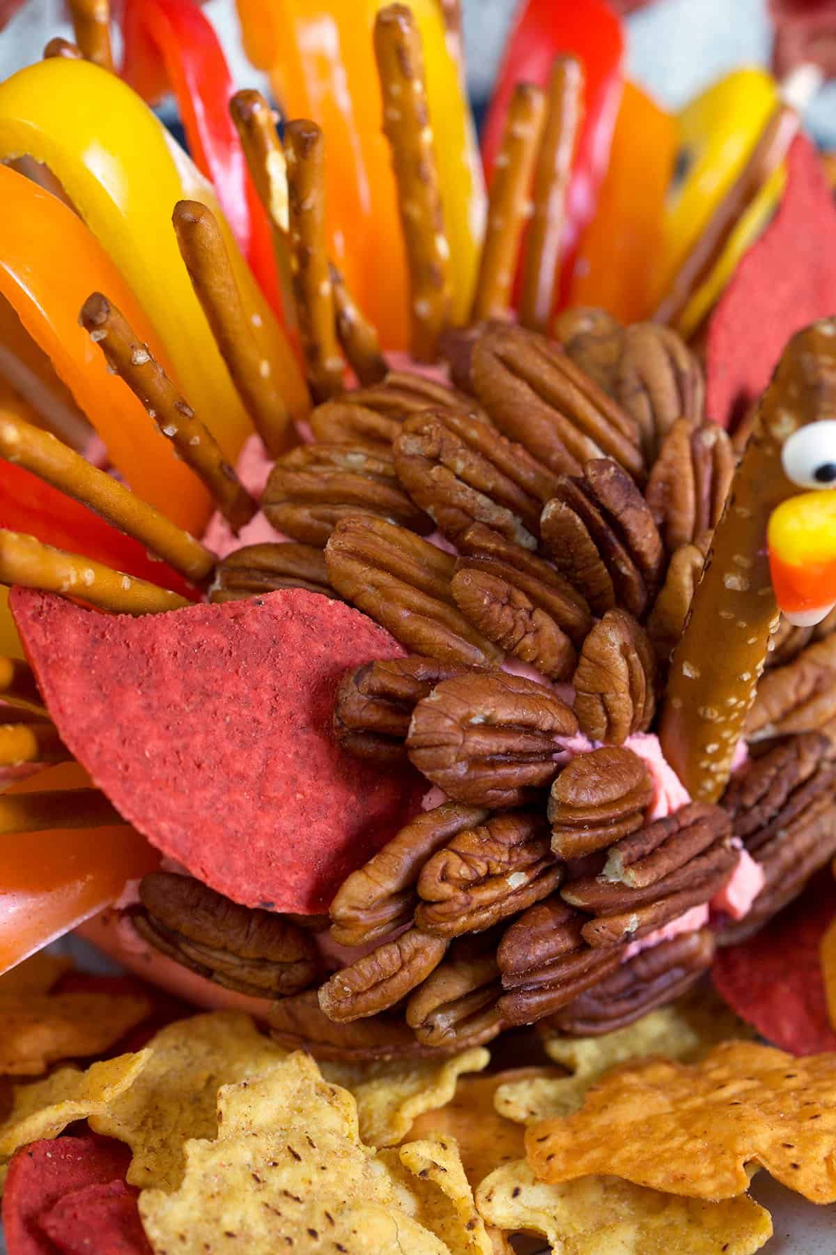 A close up picture shows the pecans and chips on a cheese ball.