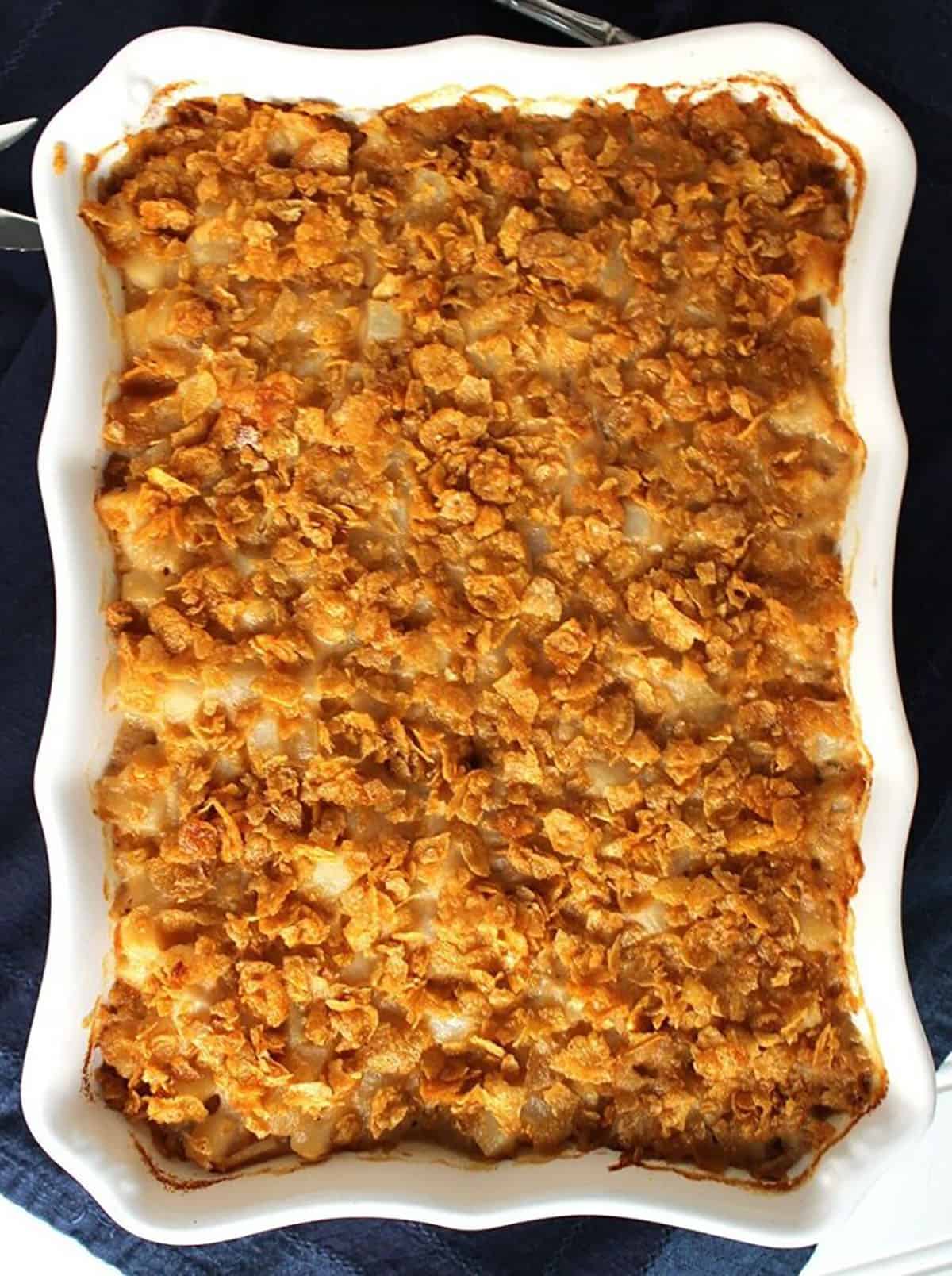 Hash Brown Casserole in a white baking dish