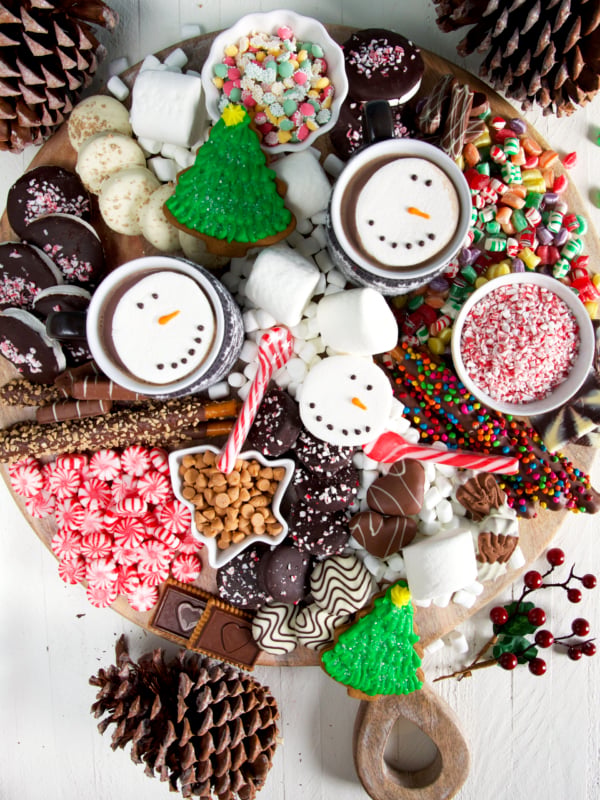 A hot chocolate charcuterie board is presented on a plain white surface.