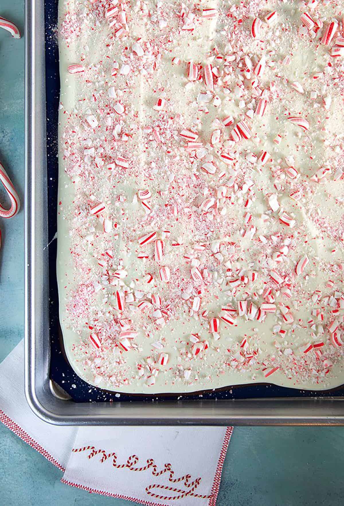 Overhead shot of Peppermint Bake in a baking sheet.