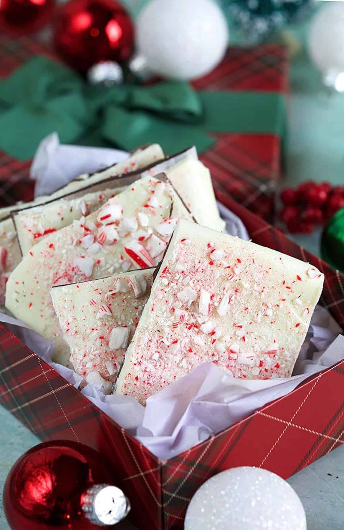Easy Peppermint Bark in a red plaid box.