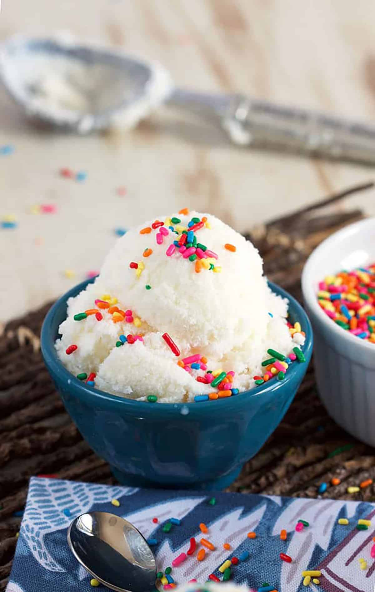 Snow Ice Cream in a blue bowl with an ice cream scoop in the background.