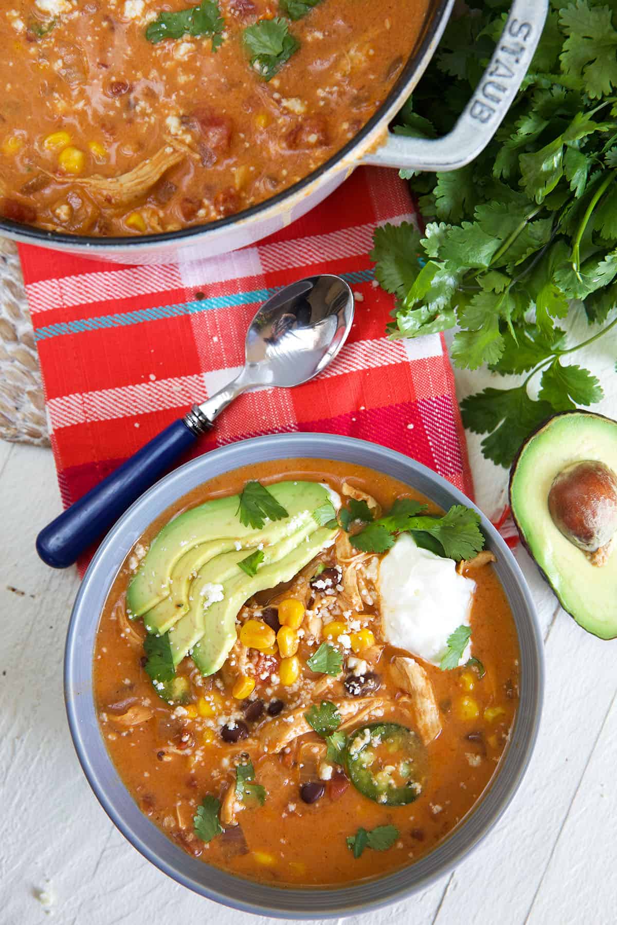 A bowl filled with chicken enchilada soup is placed next to a spoon and a full pot.