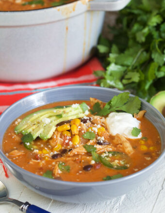 A bowl of soup is topped with sour cream, avocados, and cilantro.