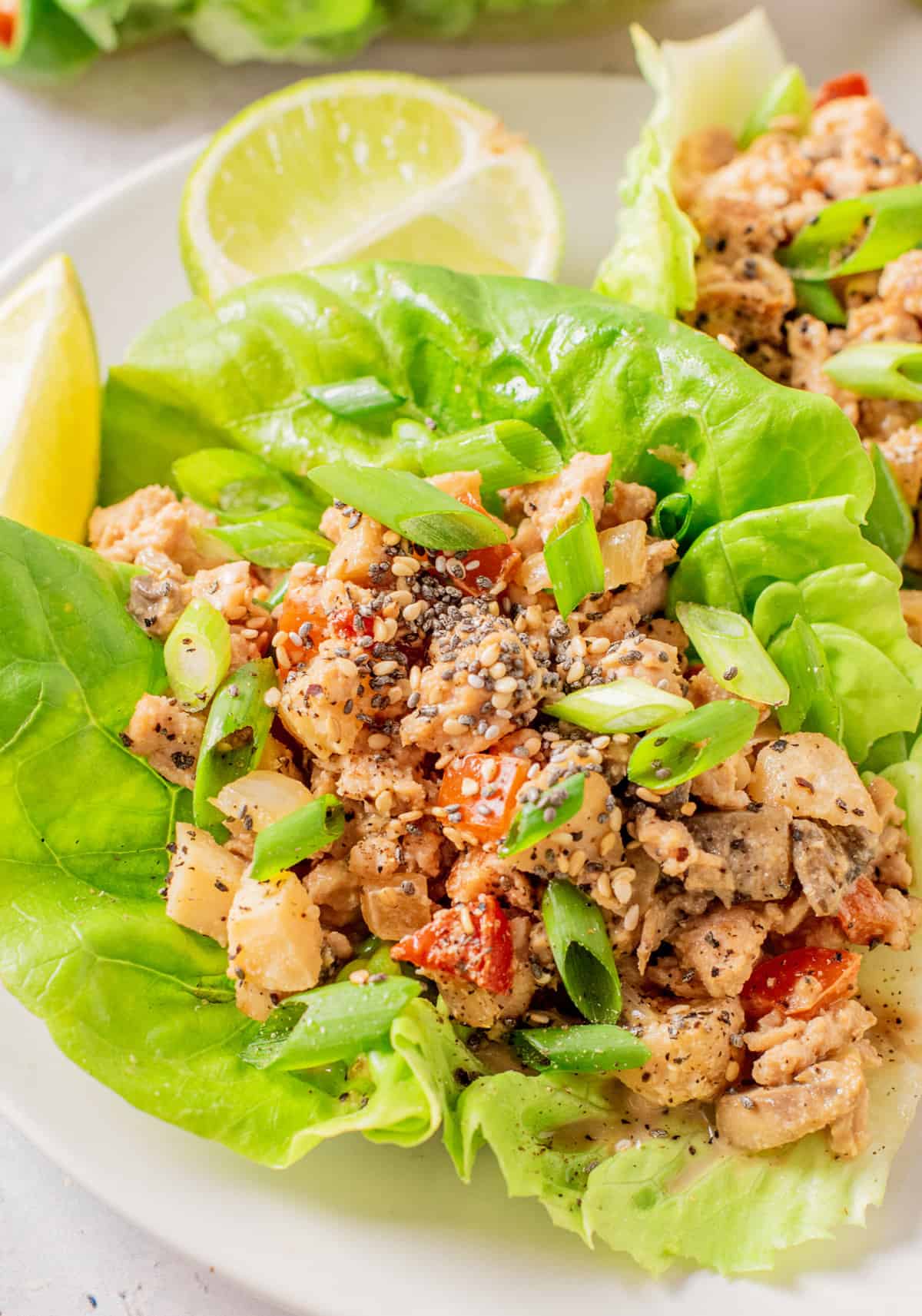 An open faced lettuce wrap is topped with sesame seeds.