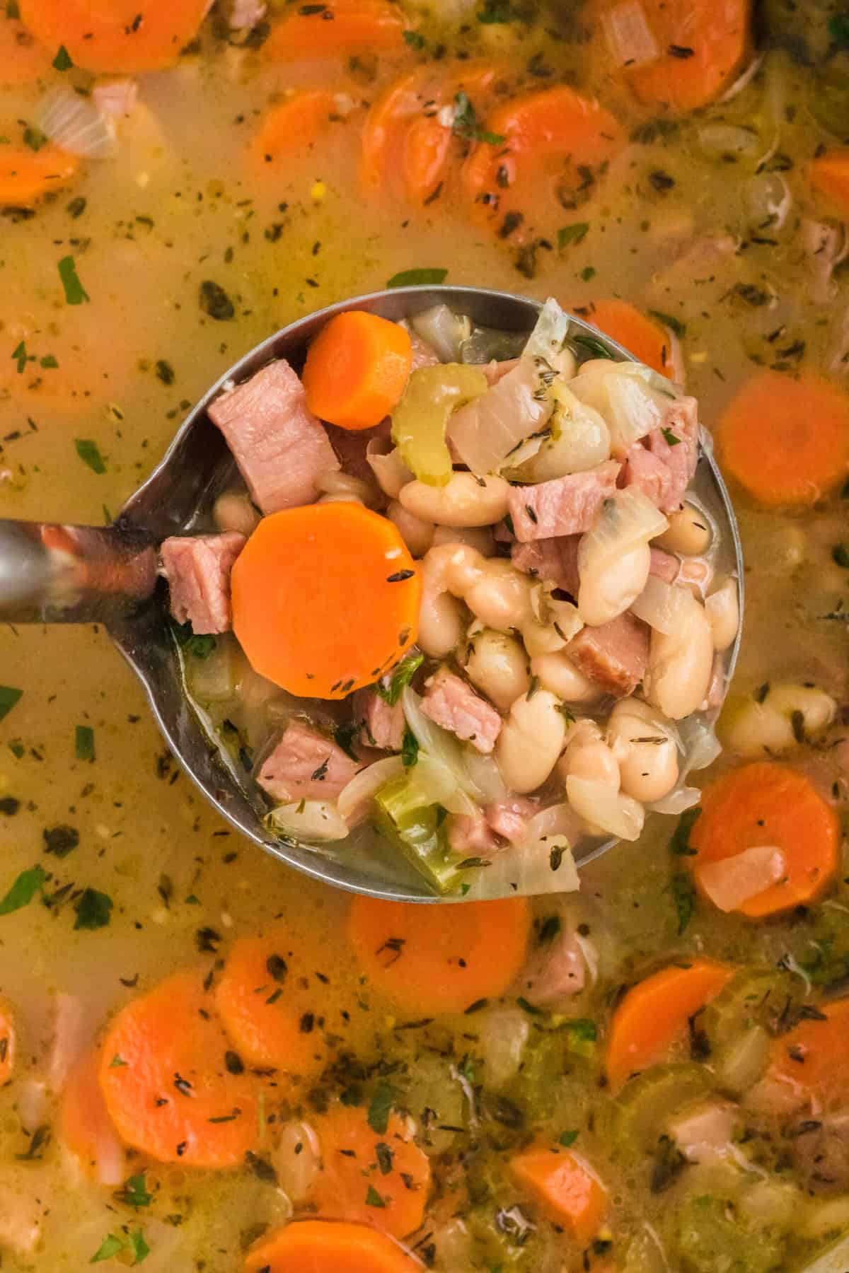 A soup ladel is lifting a portion of ham and bean soup from a full pot.