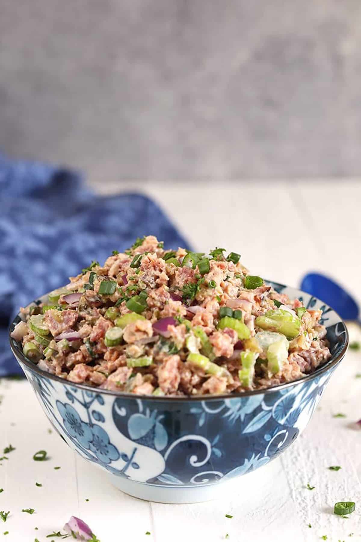 Ham Salad in a blue and white bowl.
