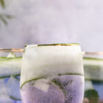 A glass is filled with blue, fizzy liquid and thin cucumber slices.