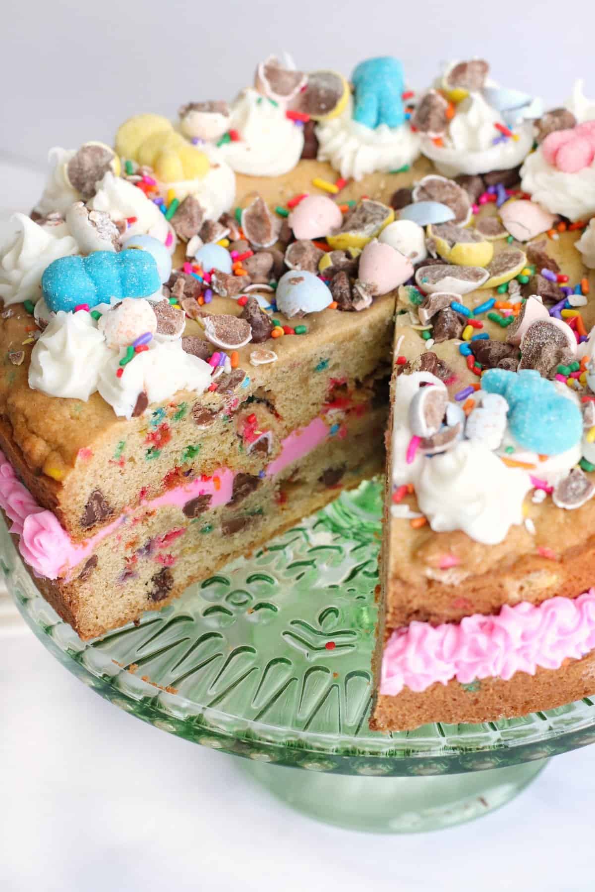An Easter cake has been sliced into.