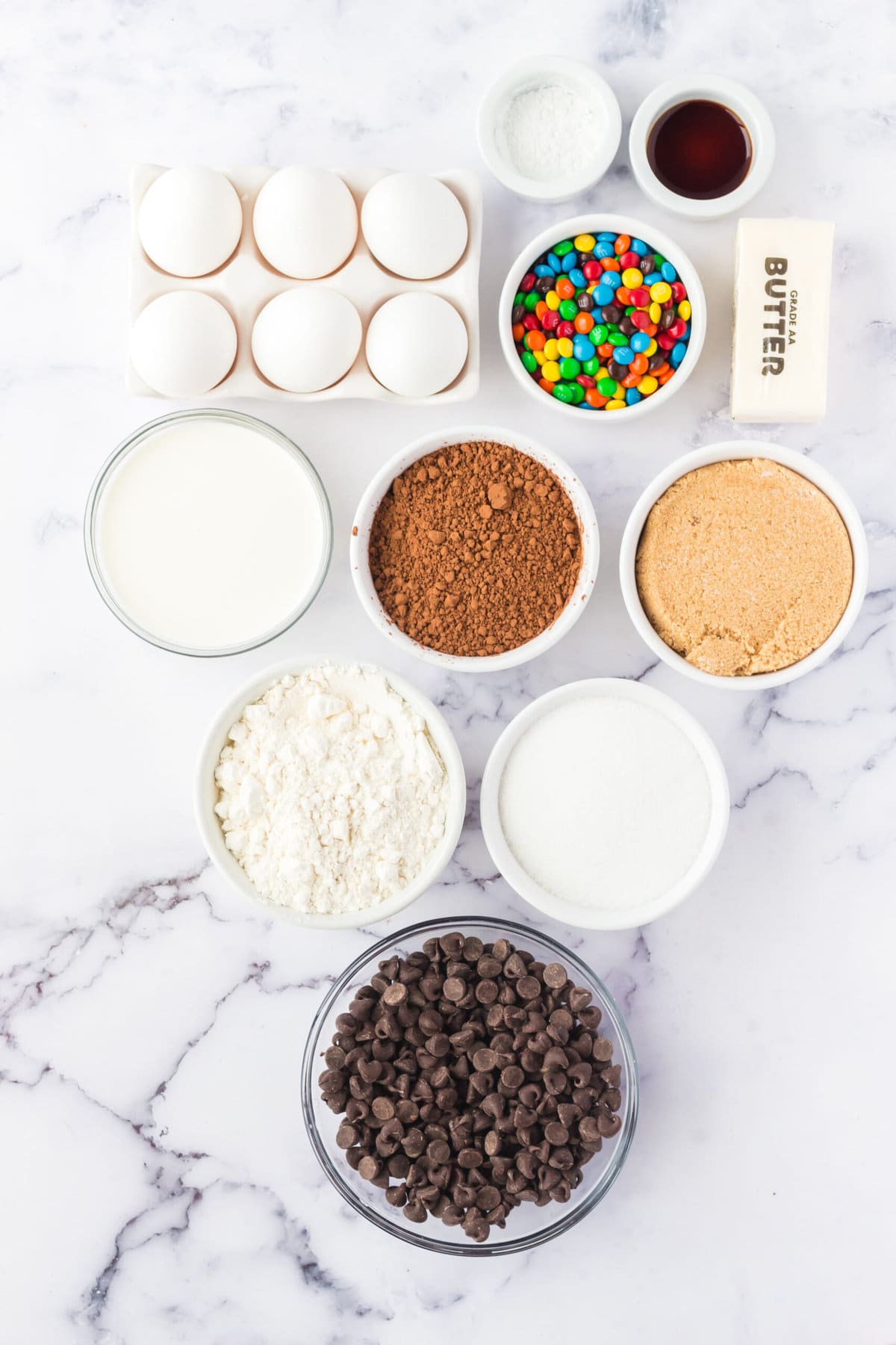 The ingredients for cosmic brownies are placed on a white surface.