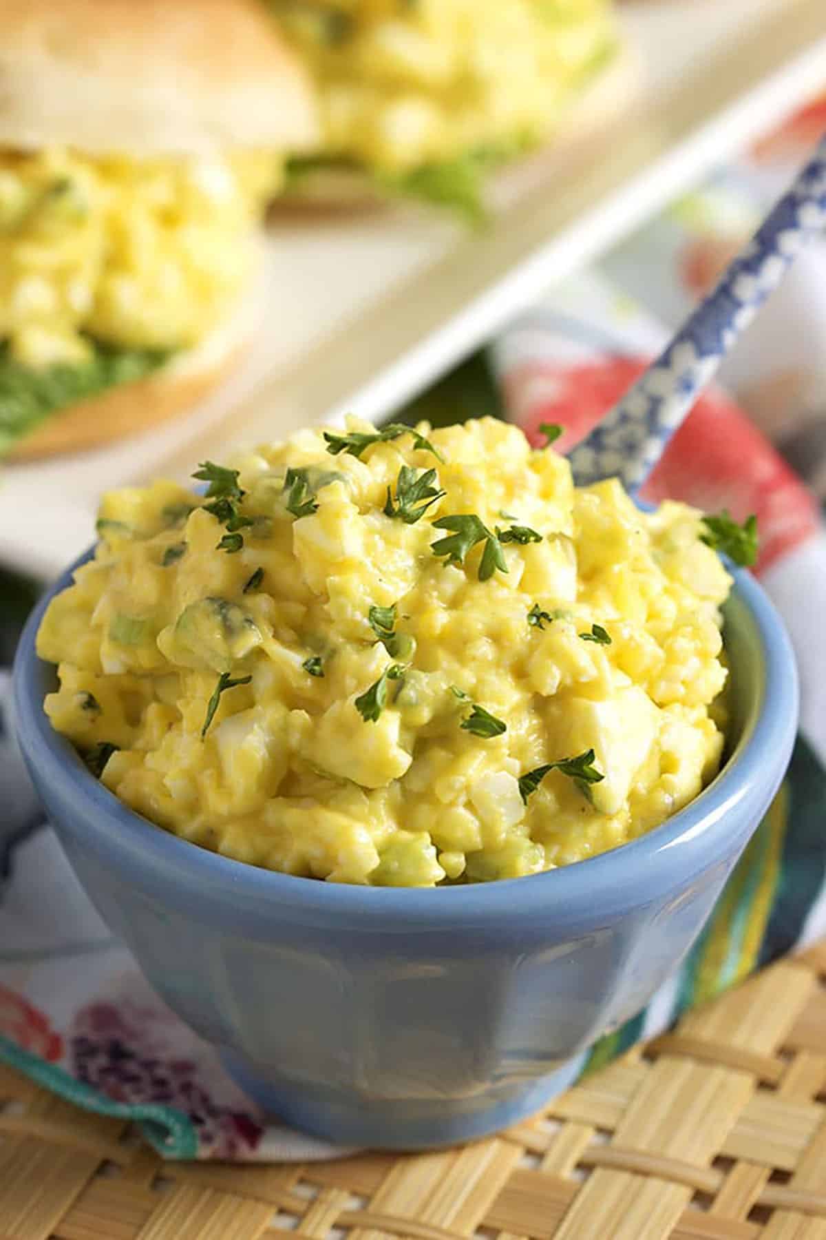 Egg salad in a small blue bowl