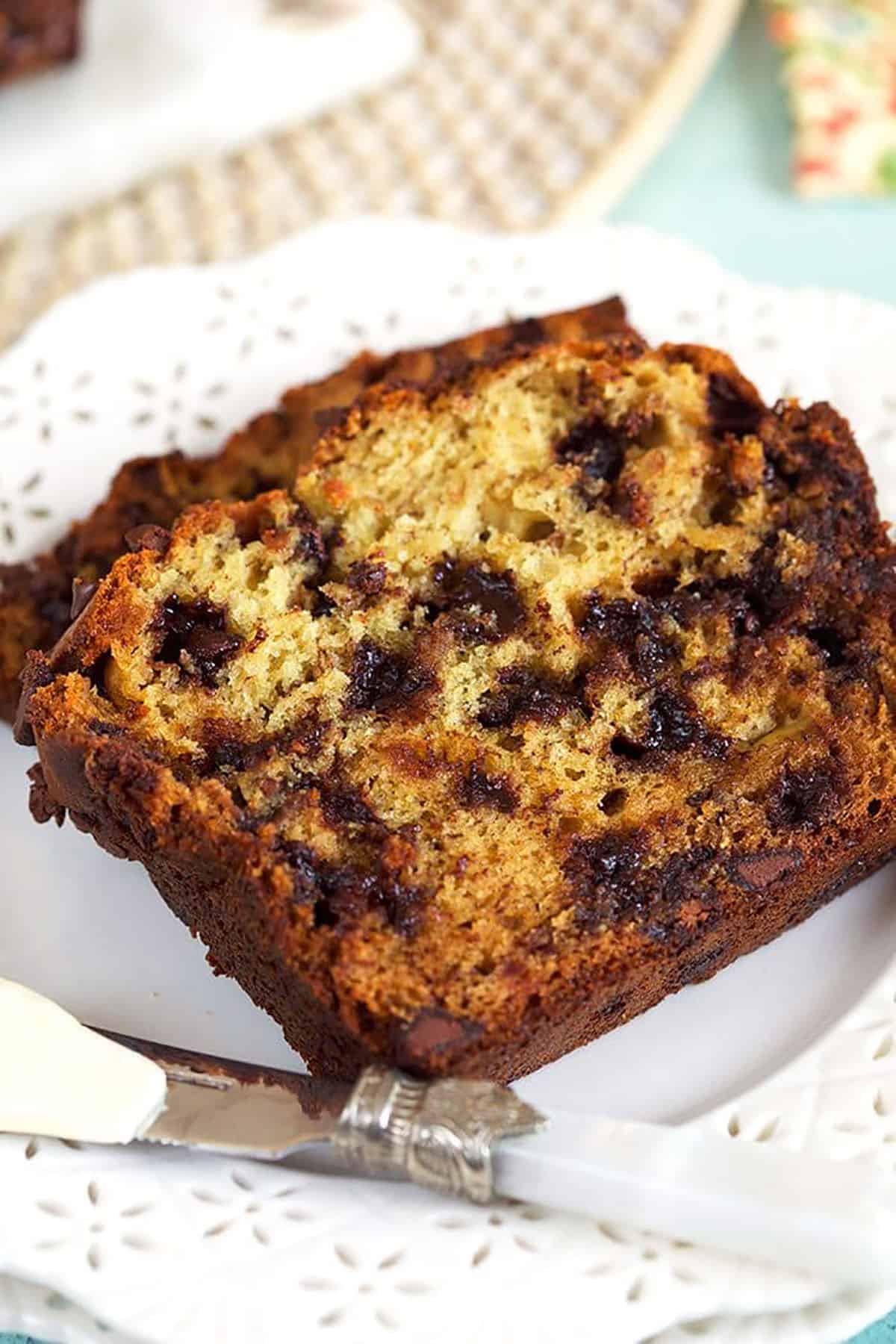 chocolate chip banana bread on a white plate.