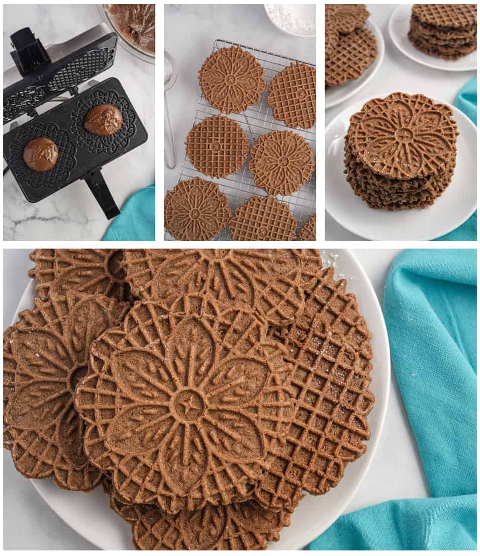 The steps to making pizzelles are detailed in a series of four photos.