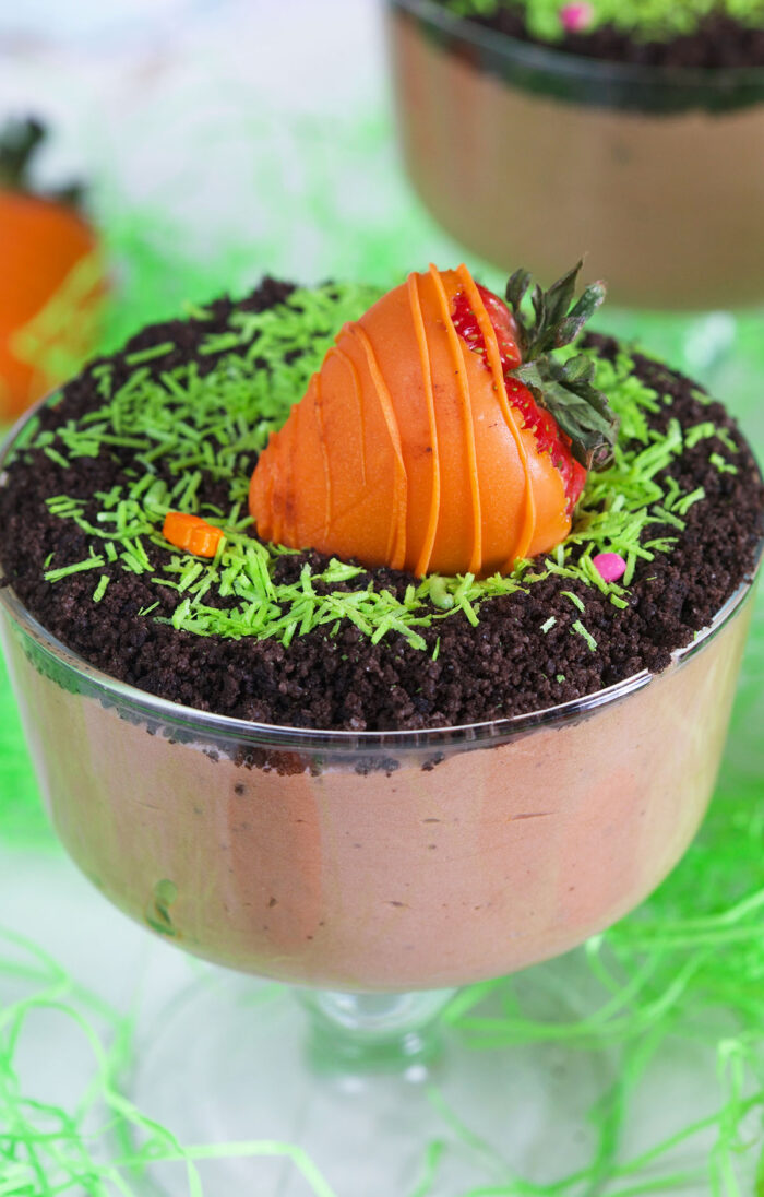 A single cup of pudding is topped with cookie crumbs, green candy, and an orange coated strawberry.