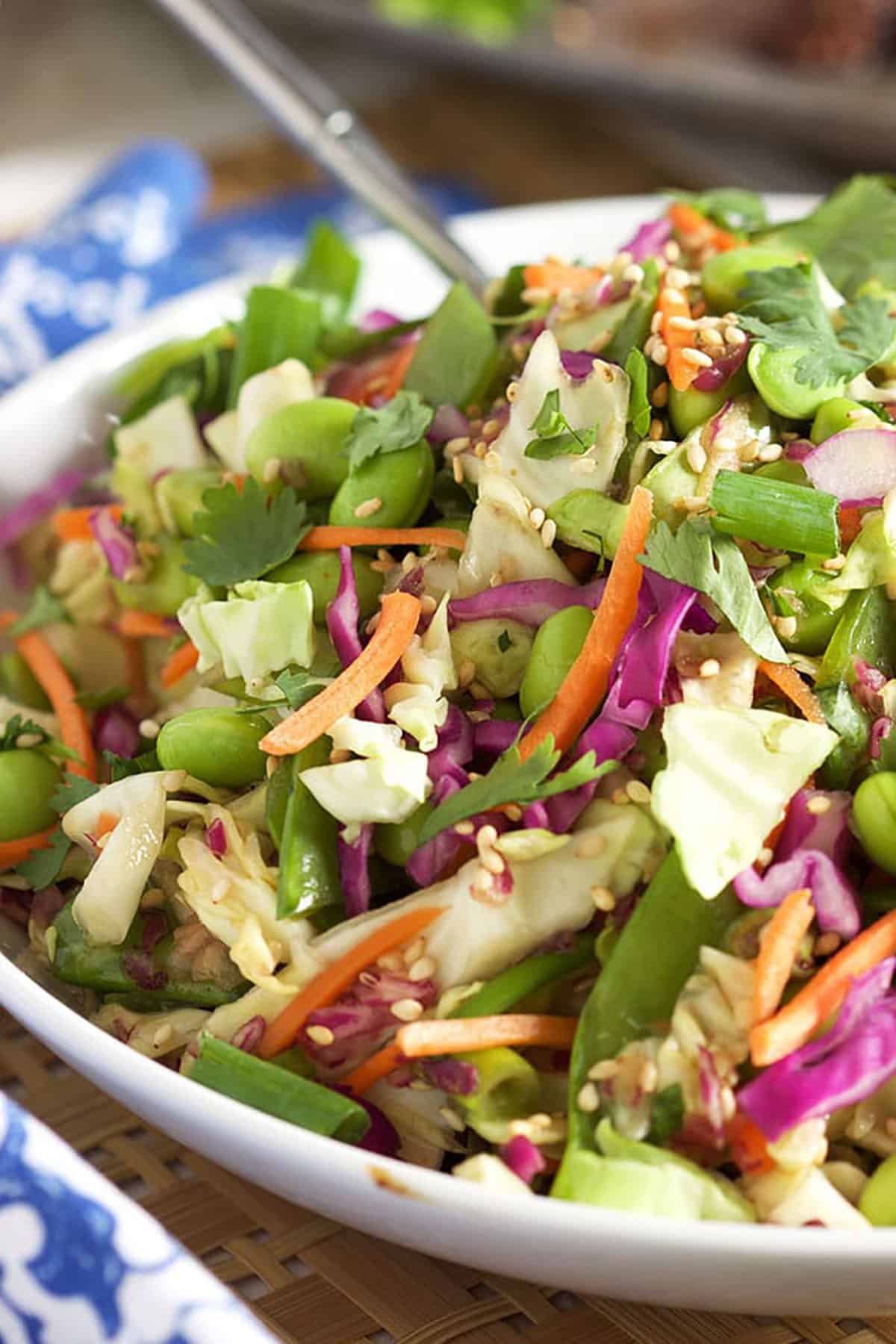 close up of asian slaw with cabbage, carries, edamame, green onions and sesame seeds in a white bowl.