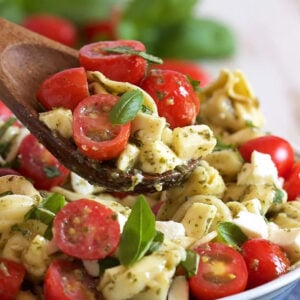 Easy Caprese Tortellini Salad on a wooden spoon.